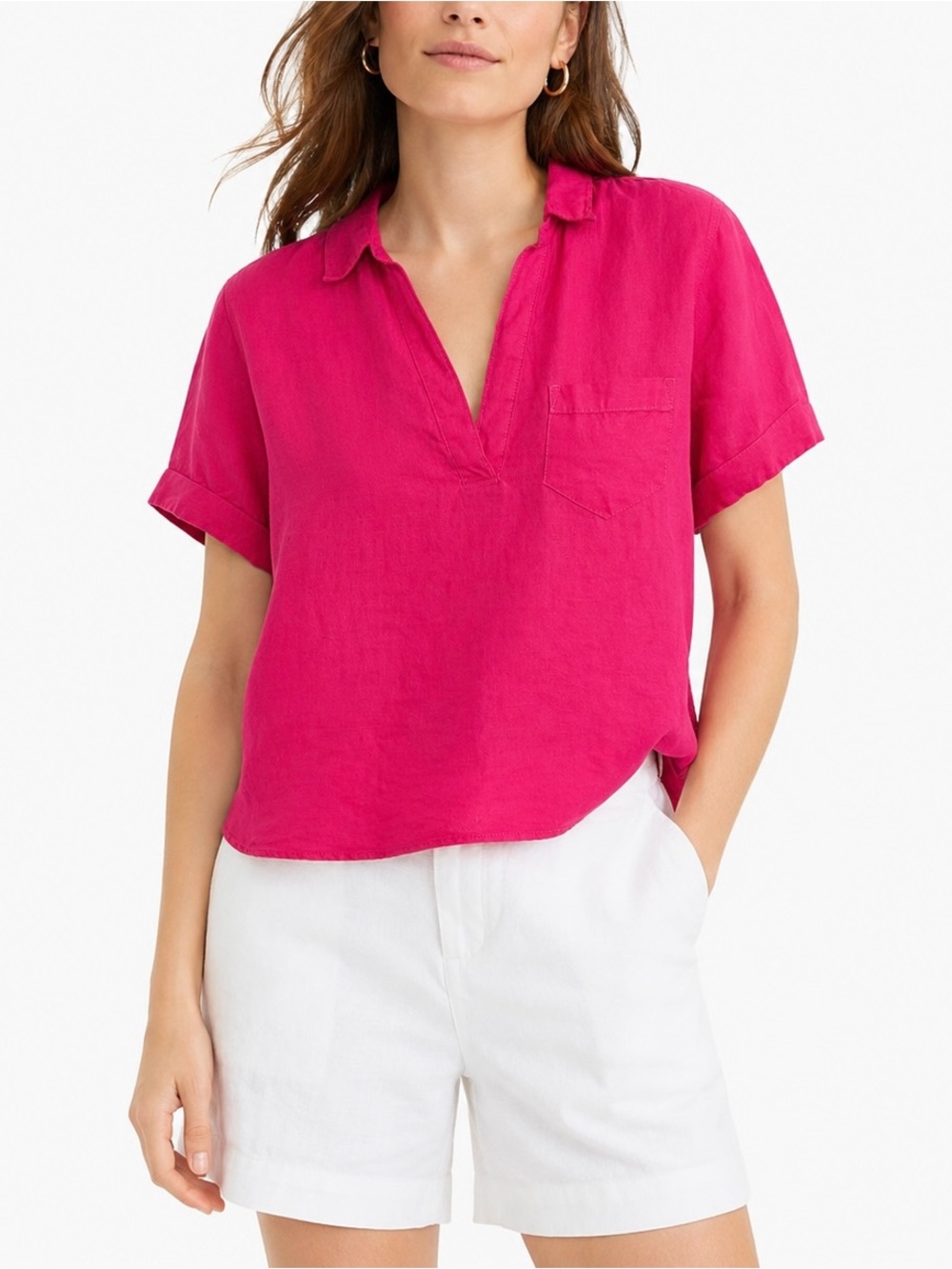J. Crew 100% Linen Popover Top Short Sleeve S Coastal Hot Pink Preppy Collared